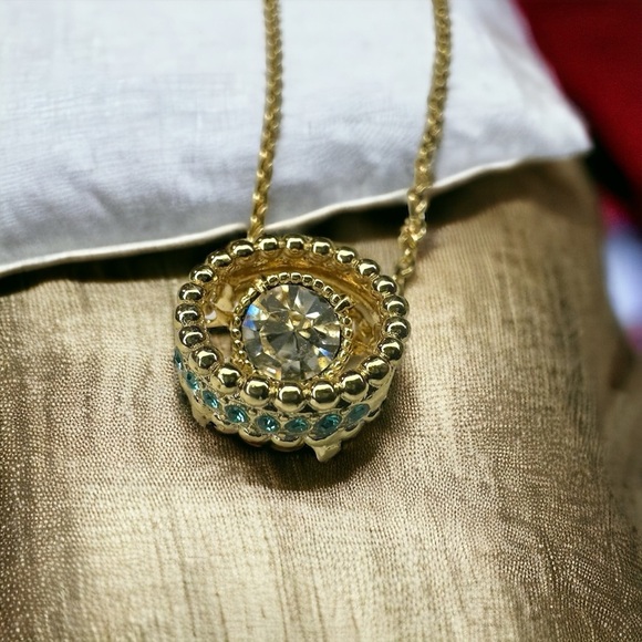 NEW Yellow Gold-Plated Floating Crystal Pendant with Turquoise Crystal Halo - Picture 1 of 15